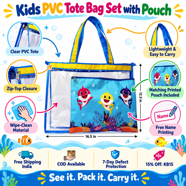 Kids PVC Tote Bag Set with Pouch β Clear Waterproof School Bag β Baby shark design