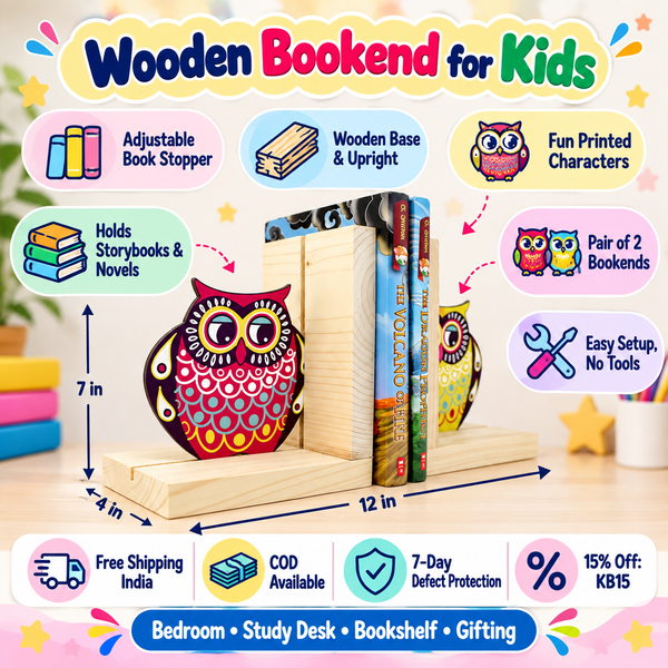 Wooden Bookend for Kids β Adjustable Book Stopper with Fun Designs β Owl design