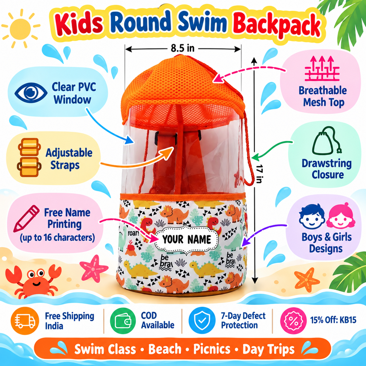 Kids Round Swim Backpack – Circular Bag with Clear Window &amp; Mesh Top – Dinosaur design