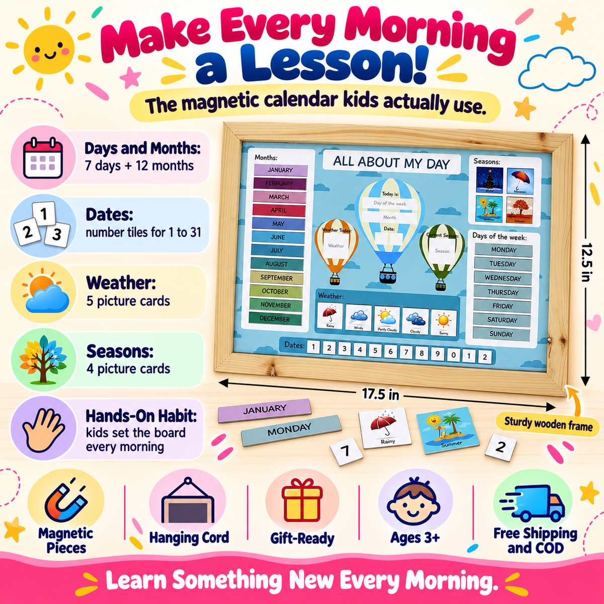 Educational Activity Calendar for Kids – Interactive Learning Calendar – Hot air balloons design