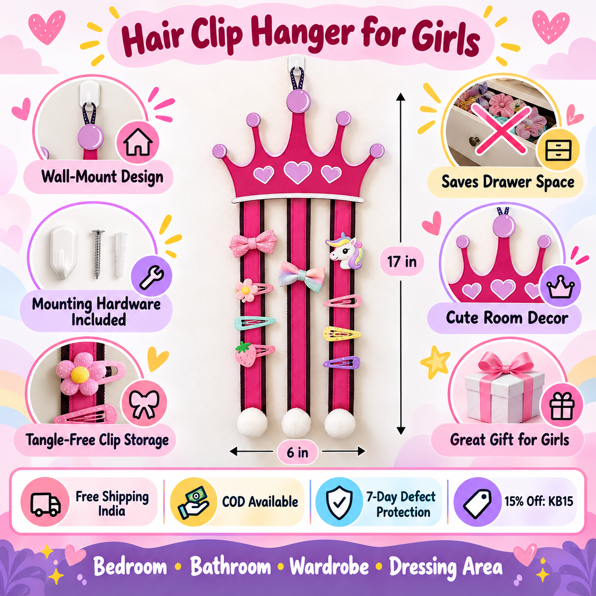 Hair Clip Hanger for Girls – Wall-Mount Clip Display Holder – Crown design