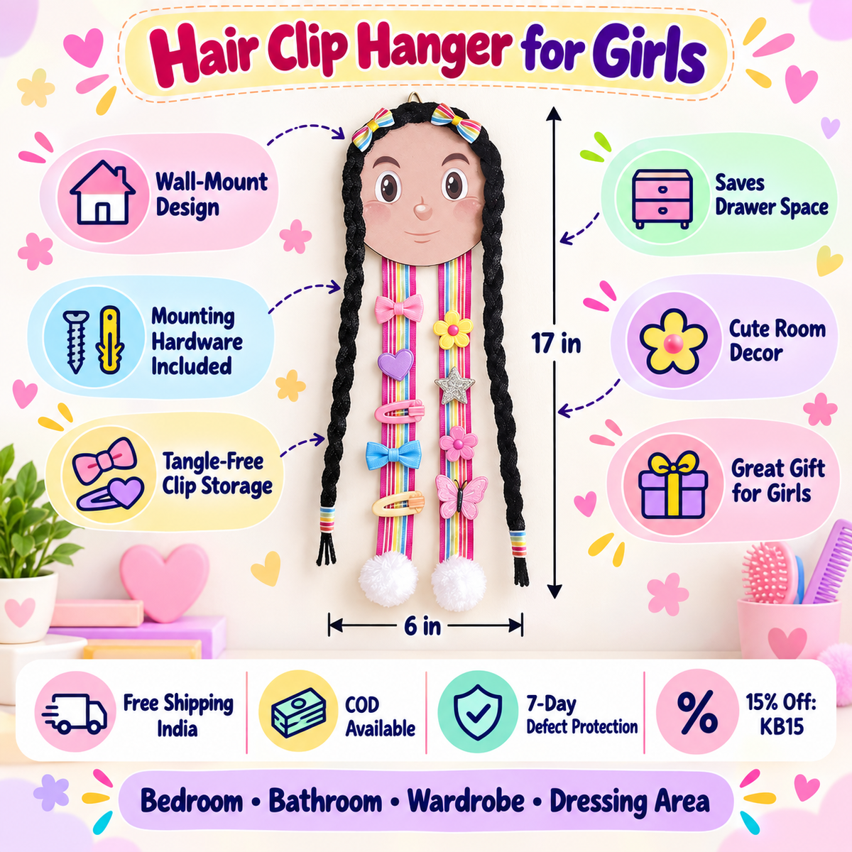 Hair Clip Hanger for Girls – Wall-Mount Clip Display Holder – Face design