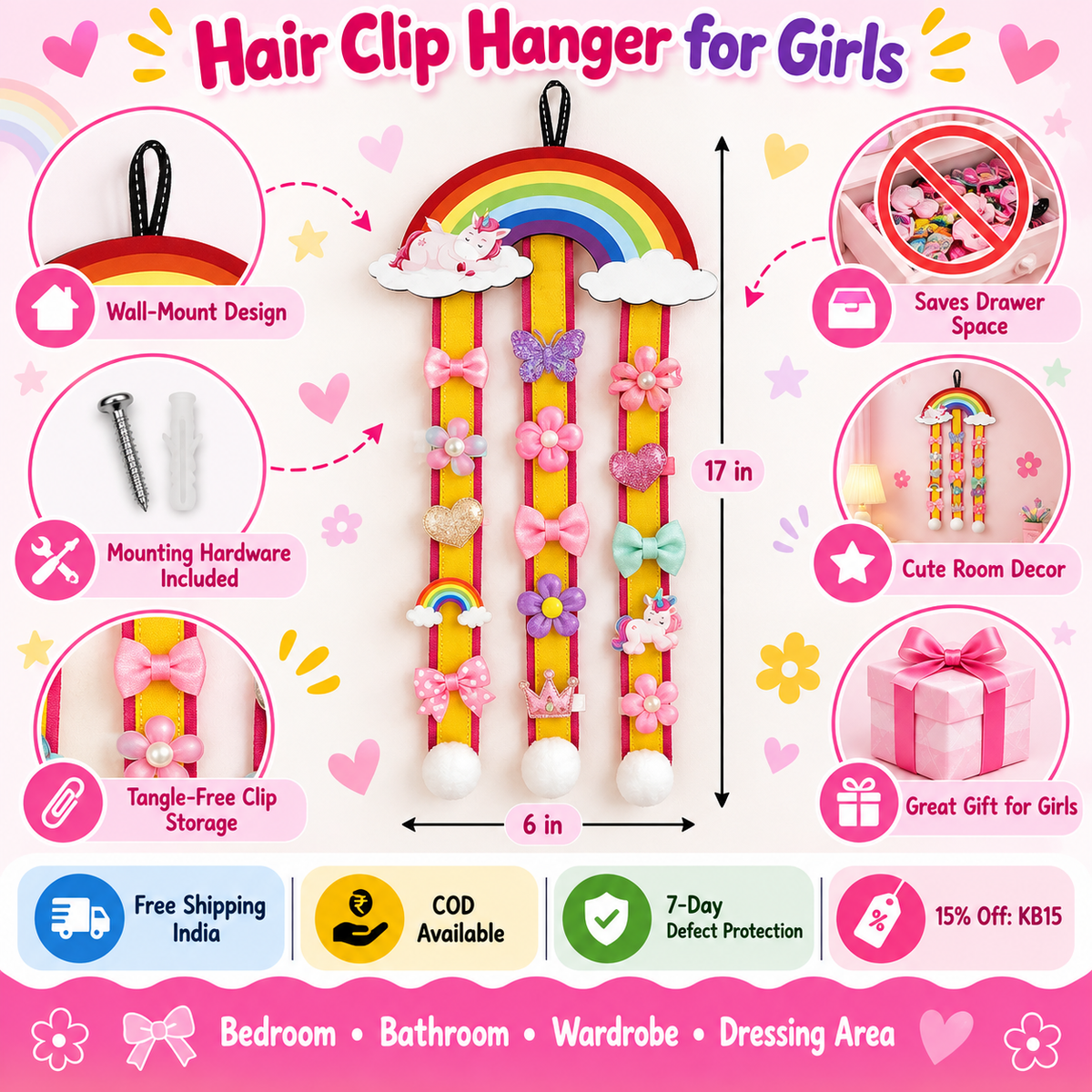 Hair Clip Hanger for Girls – Wall-Mount Clip Display Holder – Rainbow unicorn design