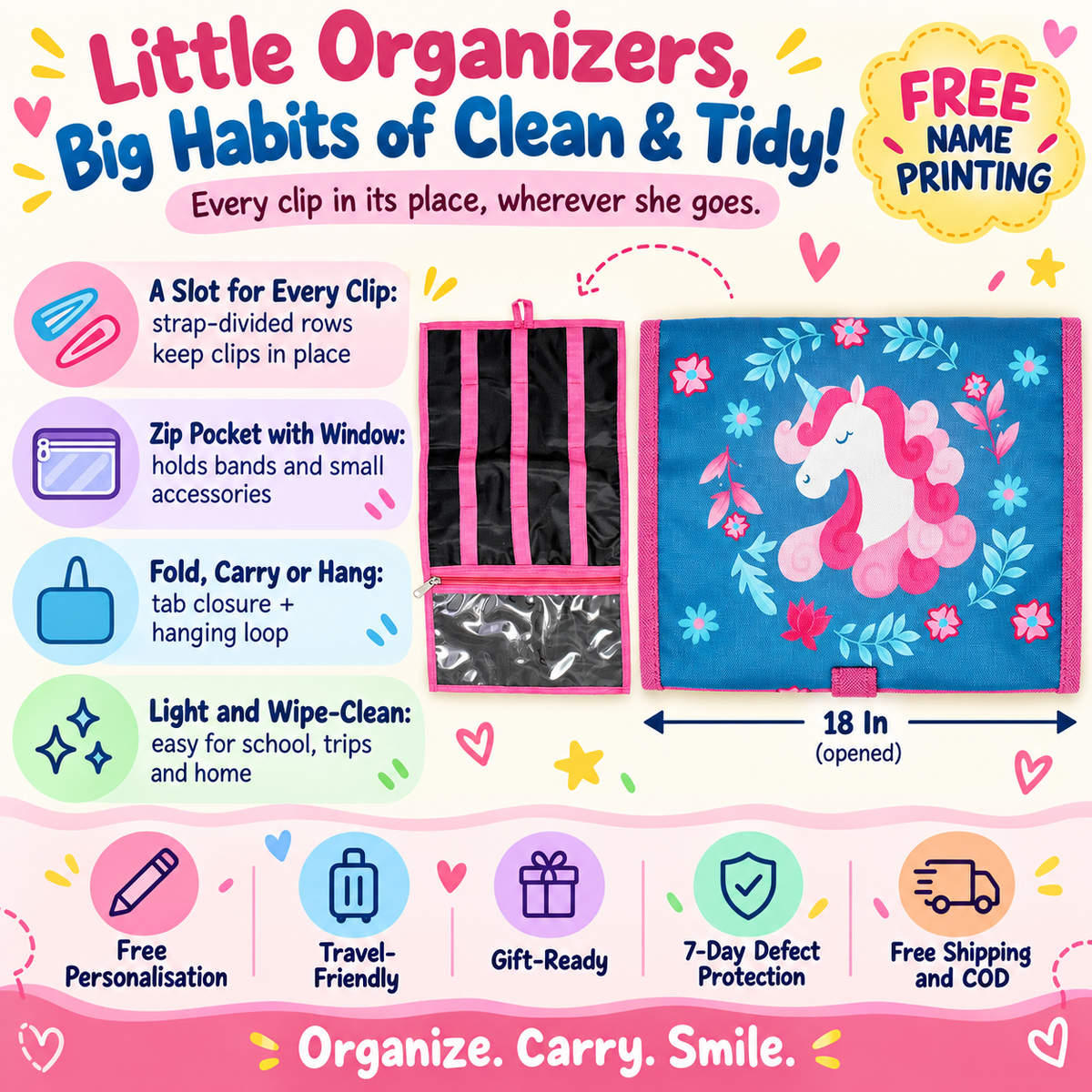 Kids Hair Clip Organizer Pouch – Accessory Storage Bag for Girls – Unicorn design