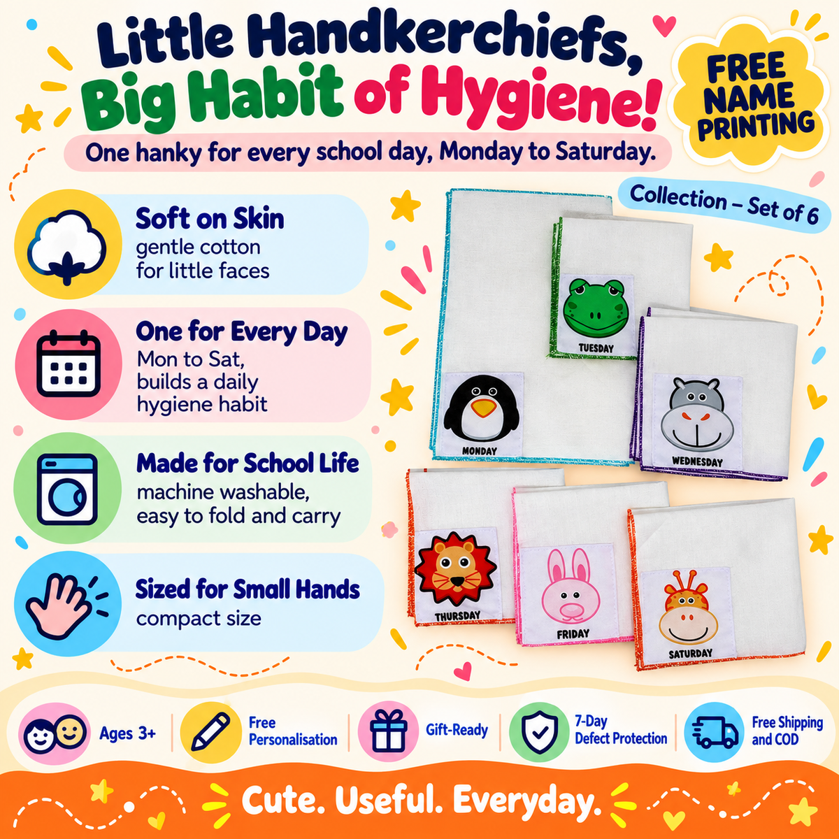 Kids Weekday Handkerchief Set of 6 – Printed Cotton Hankies – Animals design