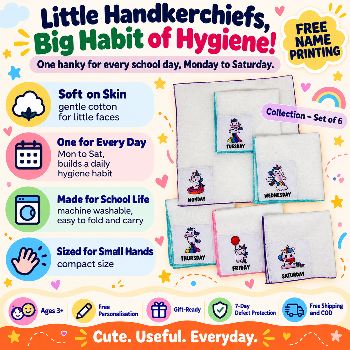Kids Weekday Handkerchief Set of 6 – Printed Cotton Hankies – Unicorn design