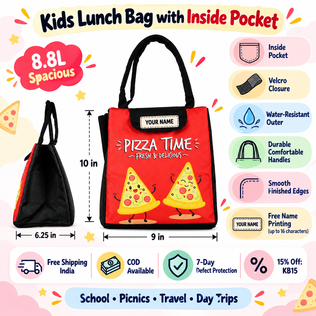 Kids Insulated Lunch Bag – Square Tiffin Bag with Inside Pocket – Pizza design design