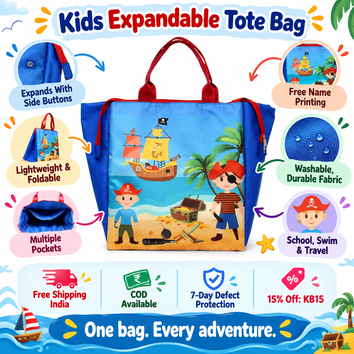 Kids Expandable Tote Bag – Foldable Bag for School &amp; Travel – Pirates design