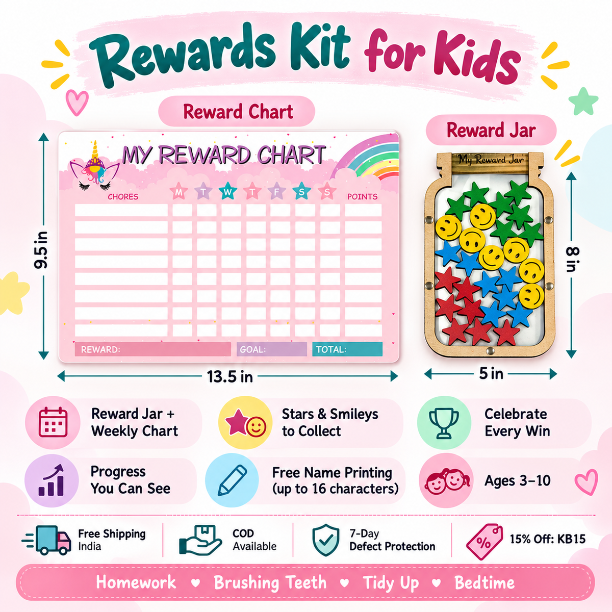 Rewards Kit for Kids – Jar Reward Jar &amp; Reward Chart Set – Unicorn design