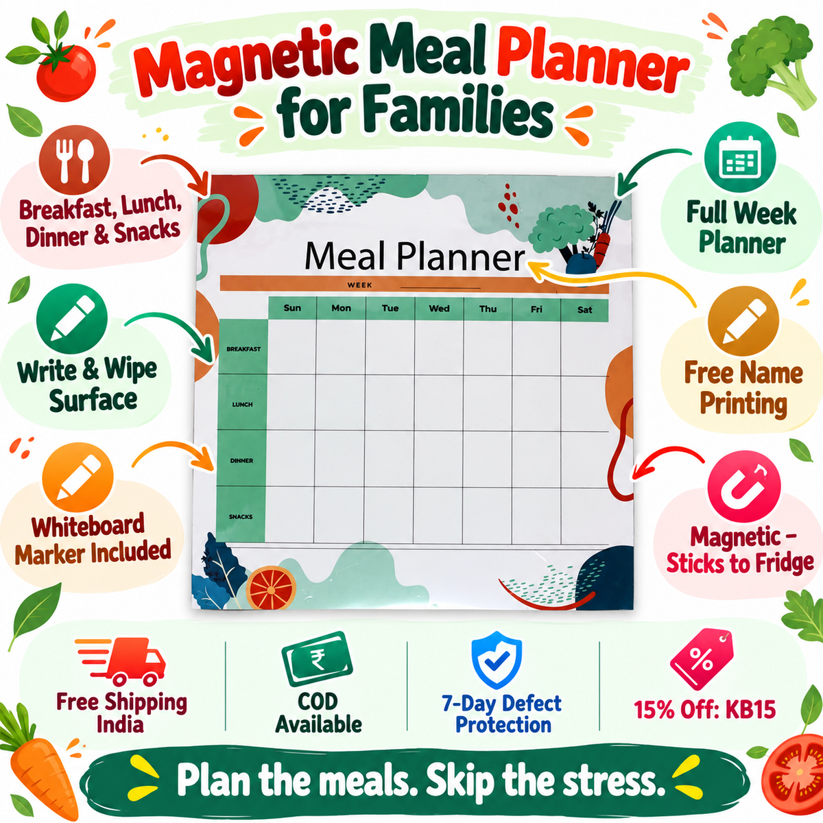 Magnetic Meal Planner for Families – Reusable Weekly Food Planner – Vegetables design