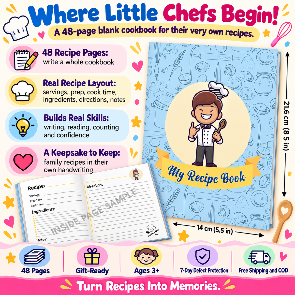 My Recipe Book for Kids – 48-Page Blank Cookbook to Write Recipes – Boys design
