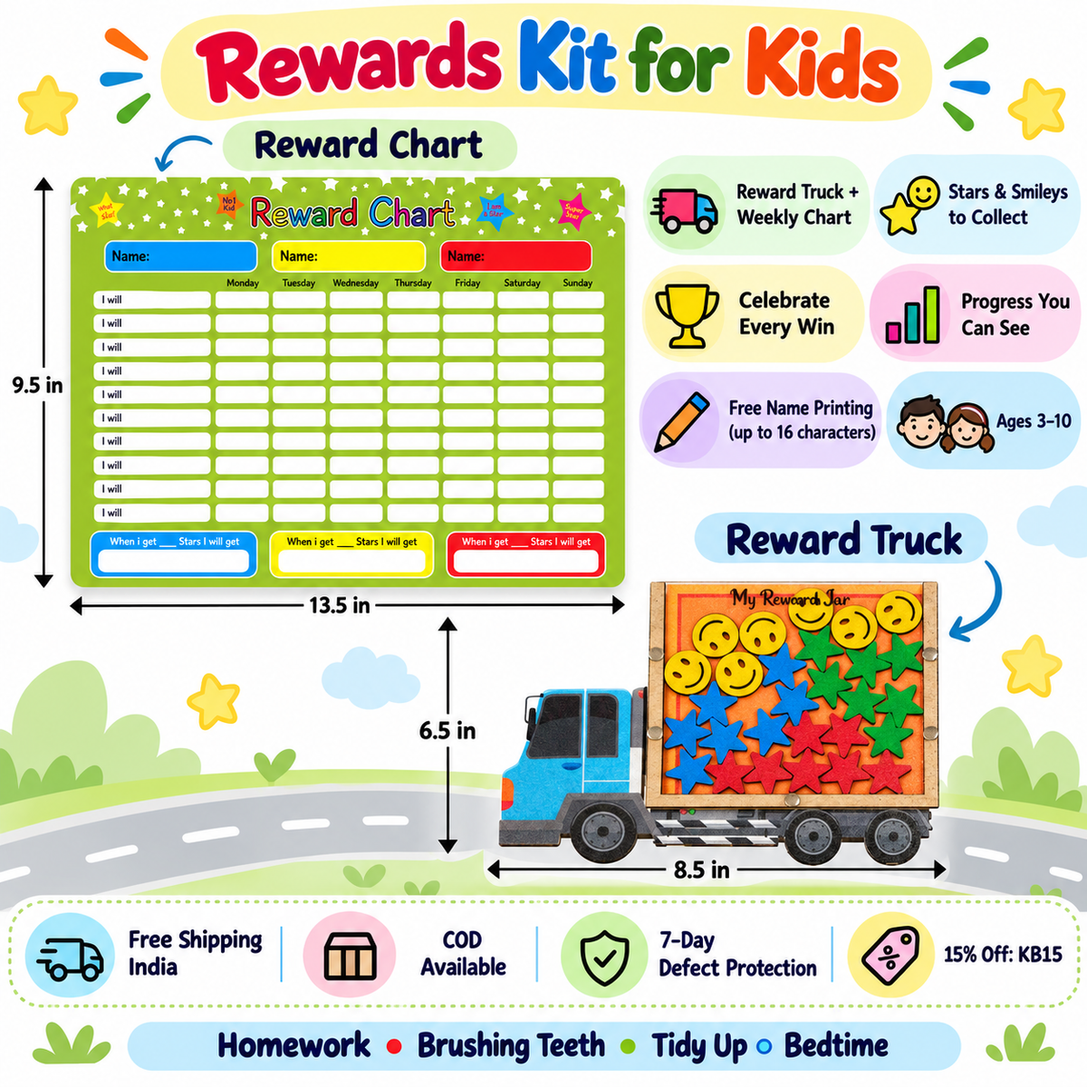 Rewards Kit for Kids – Truck Reward Jar &amp; Reward Chart Set – Green stars design