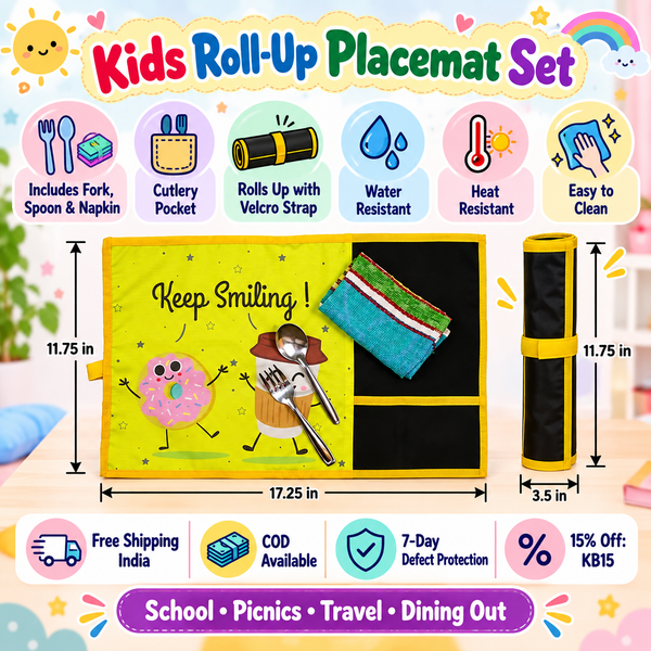 Kids Roll-Up Placemat Set with Spoon, Fork & Napkin – Donut design