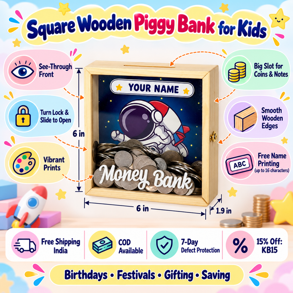Square Wooden Piggy Bank for Kids – See-Through Money Bank with Lock – Astronaut design