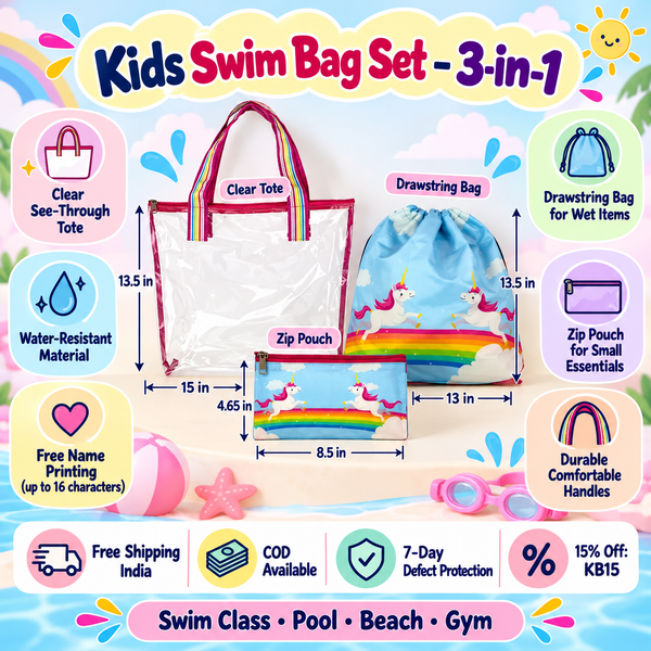 Kids Swim Bag Set – 3-in-1 Waterproof Tote with Wet & Dry Compartments – Rainbow unicorn design