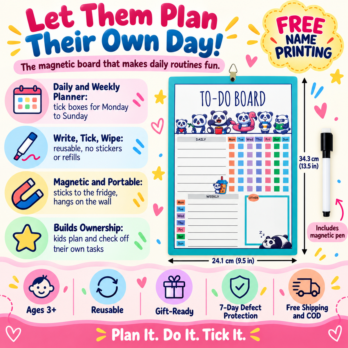 Magnetic To-Do Board for Kids – Daily Routine Task Manager – Panda design
