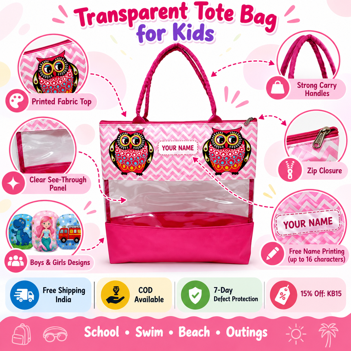 Transparent Tote Bag for Kids – Clear Bag for School &amp; Outings – Pink owl design