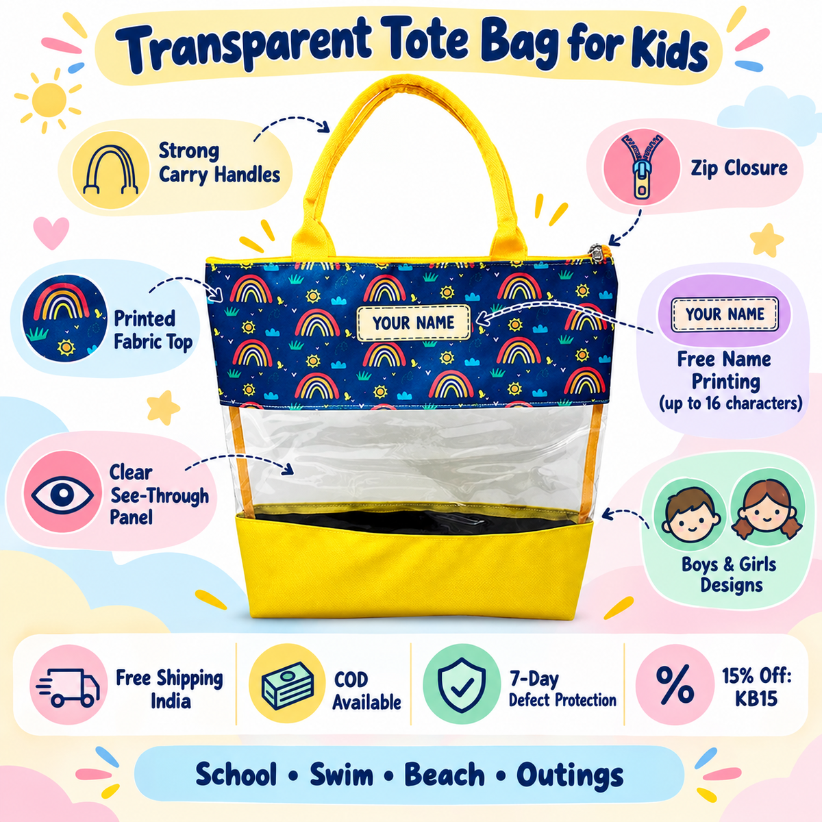 Transparent Tote Bag for Kids – Clear Bag for School &amp; Outings – Rainbow design