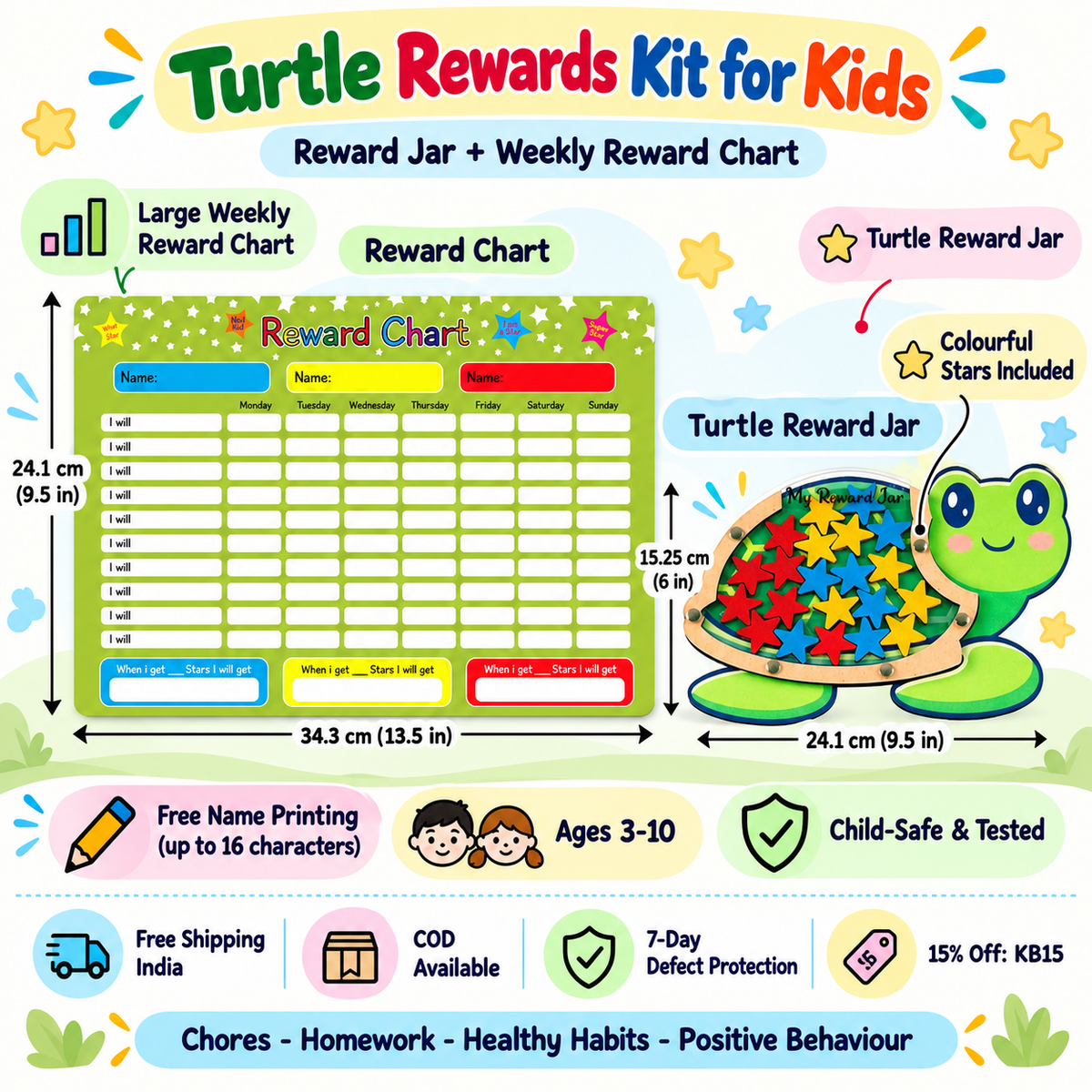 Rewards Kit for Kids – Turtle Reward Jar &amp; Reward Chart Set – Green stars design