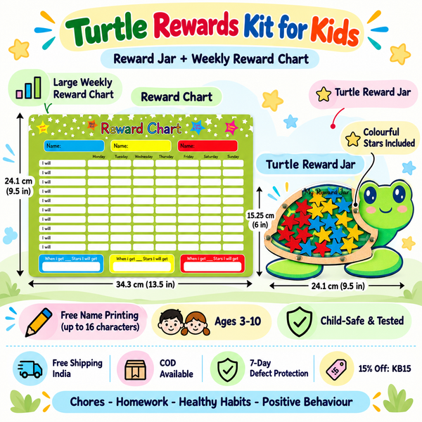 Rewards Kit for Kids – Turtle Reward Jar & Reward Chart Set – Green stars design
