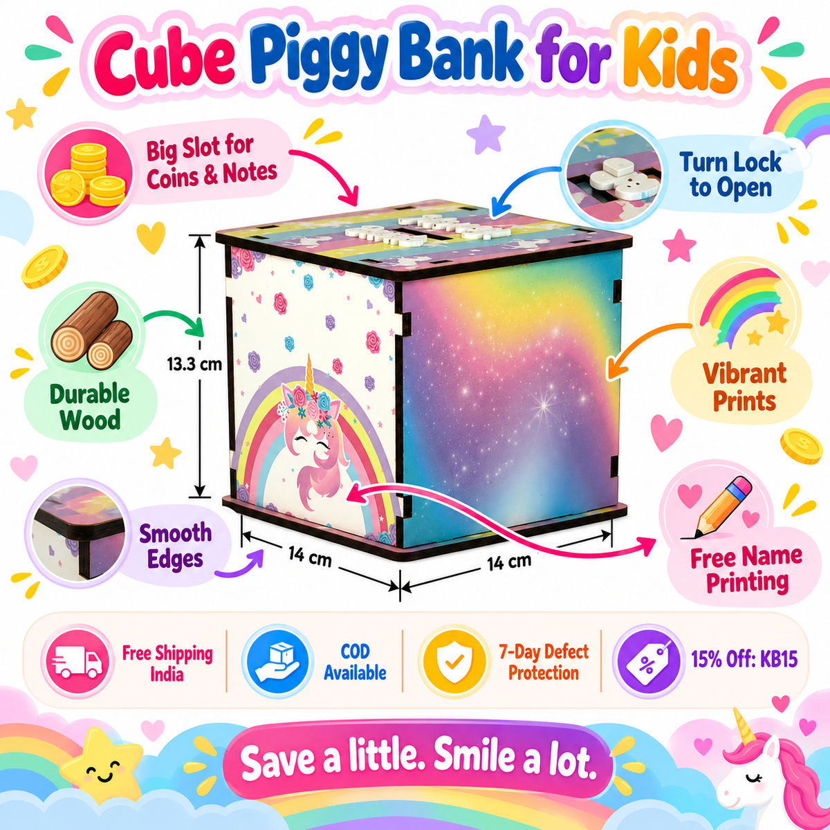 Cube Piggy Bank for Kids – Wooden Money Box with Lock – Unicorn design