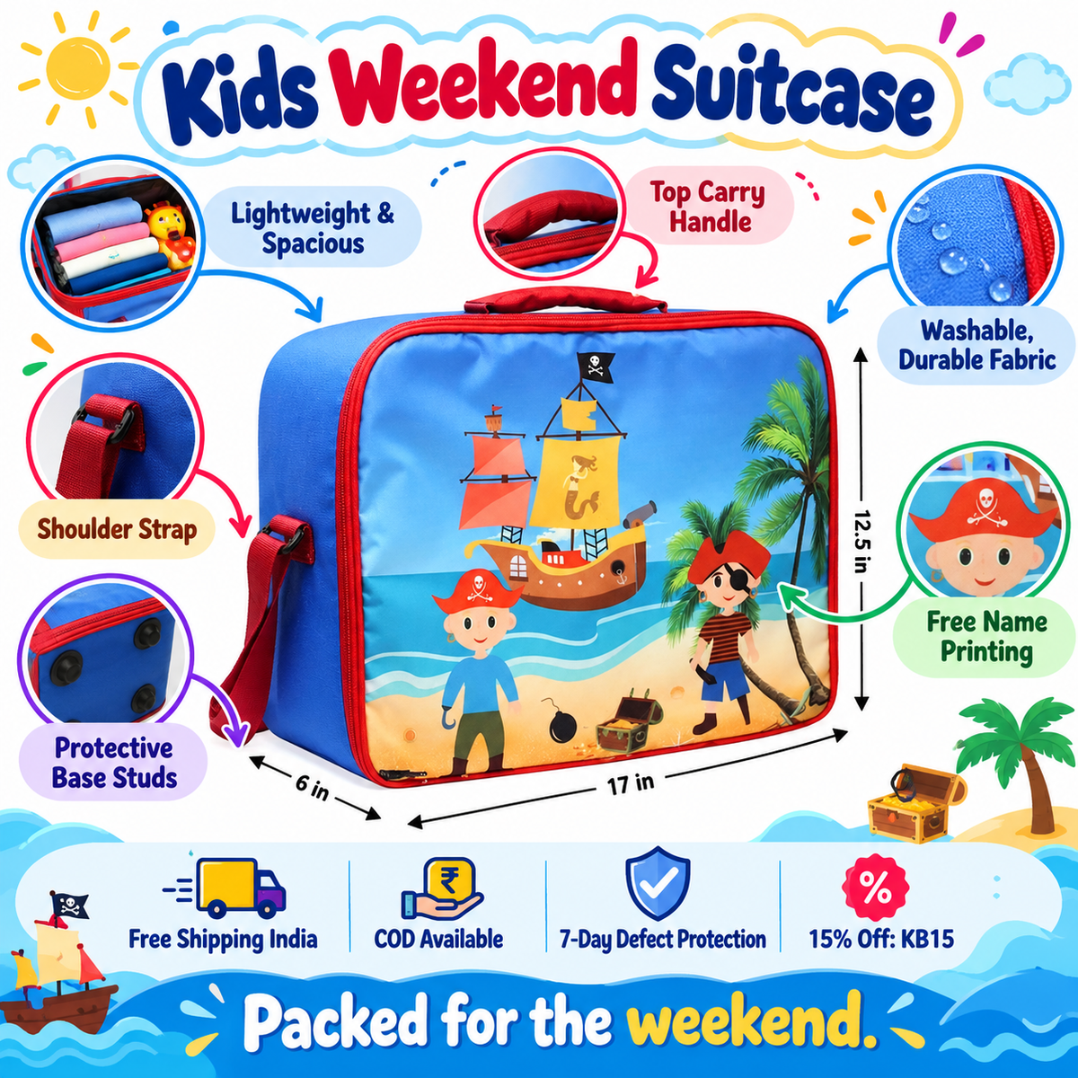 Kids Weekend Suitcase – Fun Printed Travel Bag for Children – Pirates design