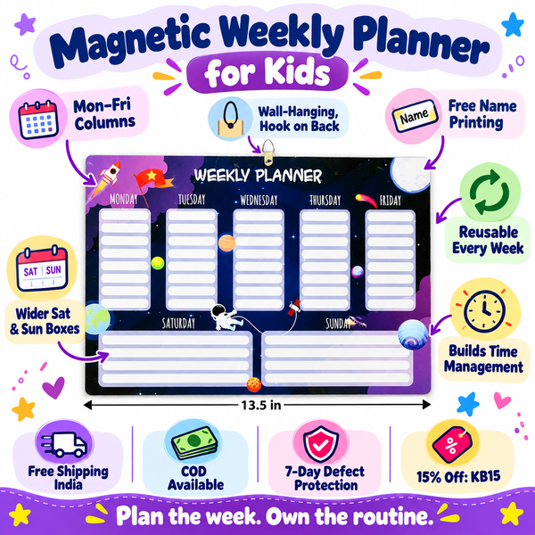 Magnetic Weekly Planner for Kids – Reusable Wall Schedule Board – Space design