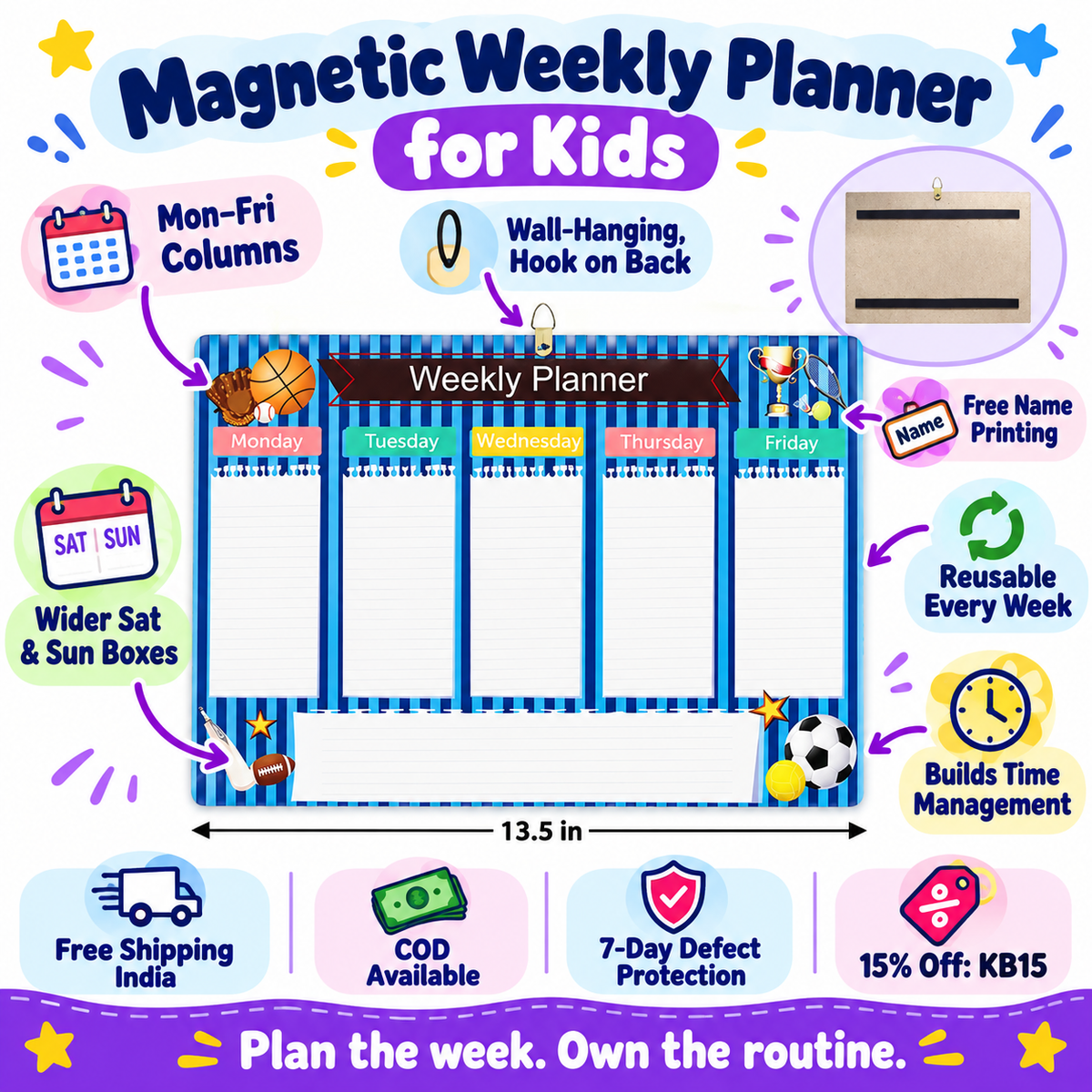 Magnetic Weekly Planner for Kids – Reusable Wall Schedule Board – Blue sports design
