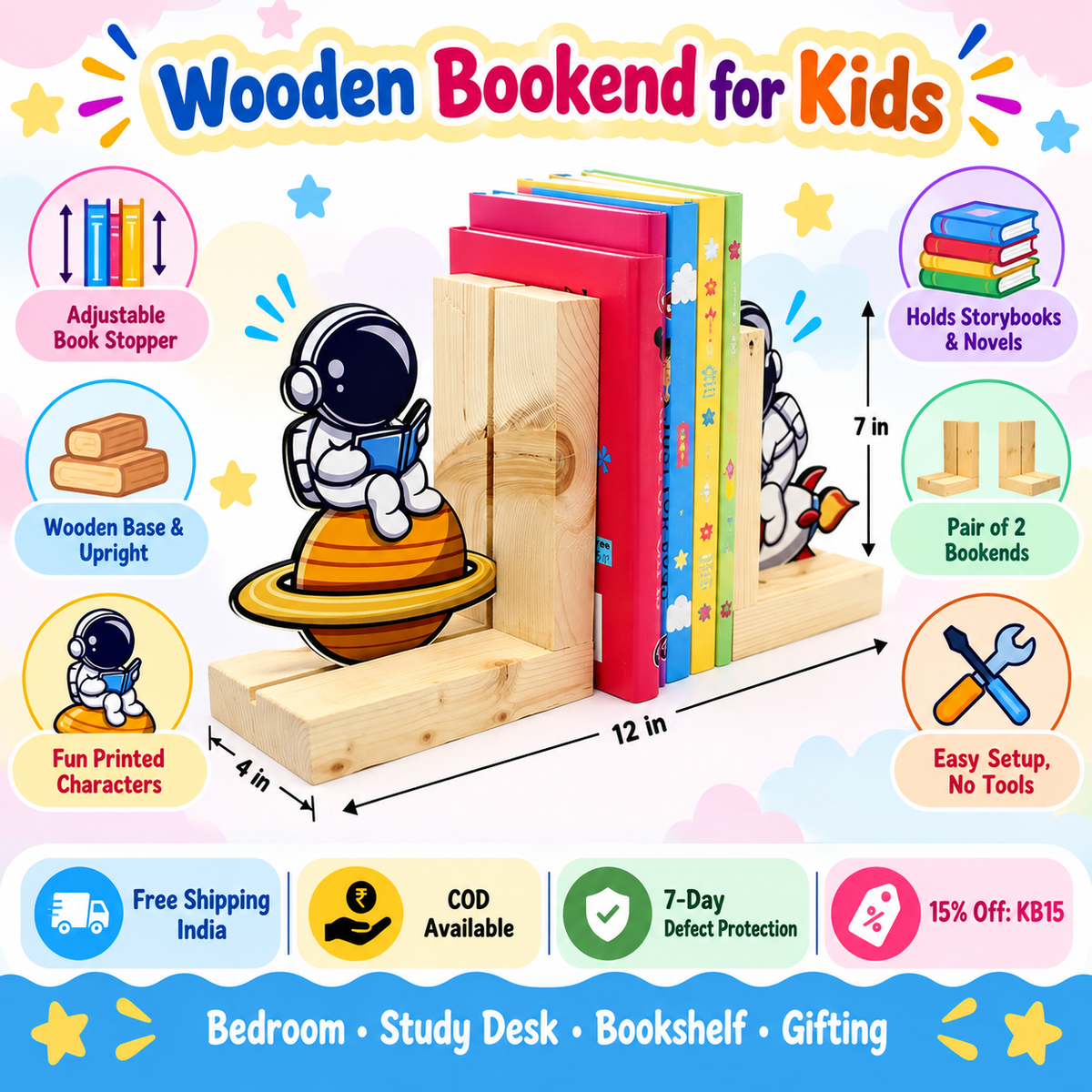 Wooden Bookend for Kids – Adjustable Book Stopper with Fun Designs – Astronaut design